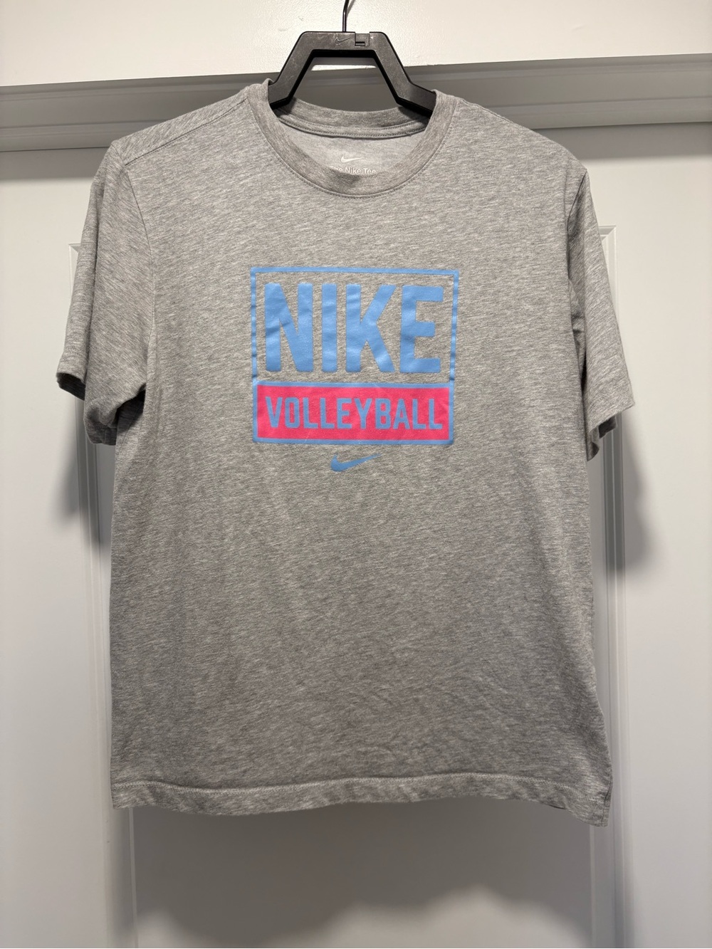 Nike Gray Short Sleeve Volleyball Logo Tee with Blue and Pink Accents
